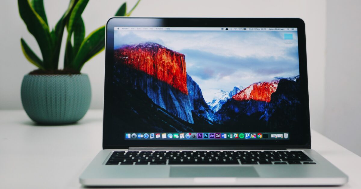 観葉植物の横に置かれたノートパソコンの画面に美しい山の壁紙が表示されている様子